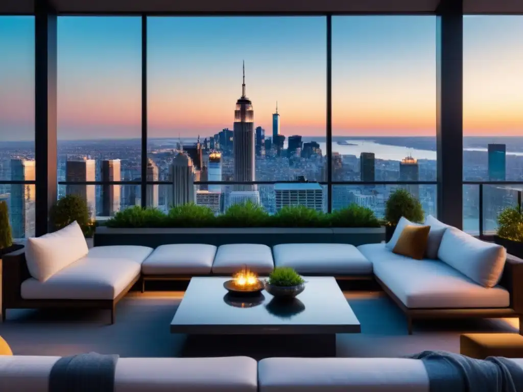 Penthouse de lujo con vista panorámica al atardecer en ciudad vibrante Un penthouse moderno y lujoso con vista a la ciudad al atardecer, elegante mobiliario contemporáneo y terraza espaciosa