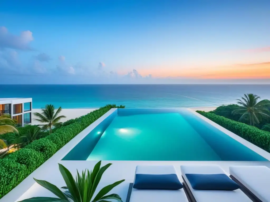 Penthouse de lujo con vista al mar y piscina infinita privada Un penthouse moderno y lujoso con vista a la playa, mobiliario contemporáneo y ventanales panorámicos
