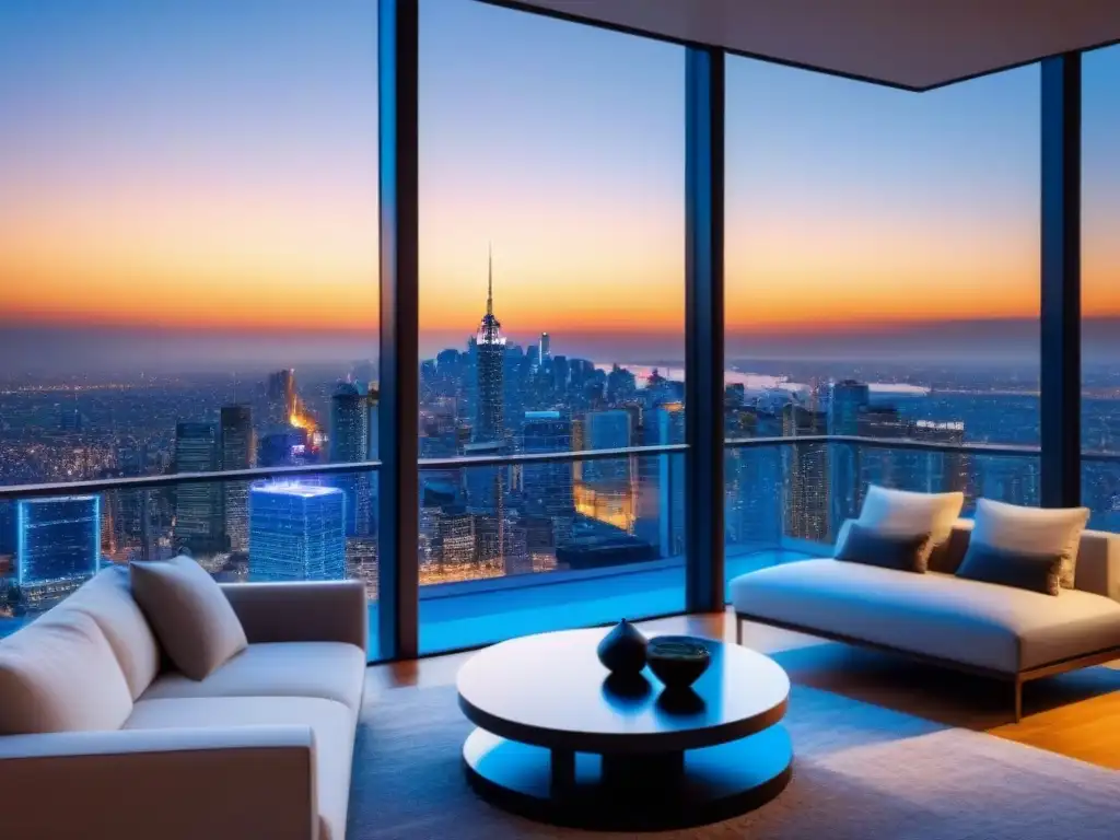 Penthouse de lujo con vistas nocturnas en la ciudad Un penthouse moderno y lujoso con vista a la ciudad al atardecer
