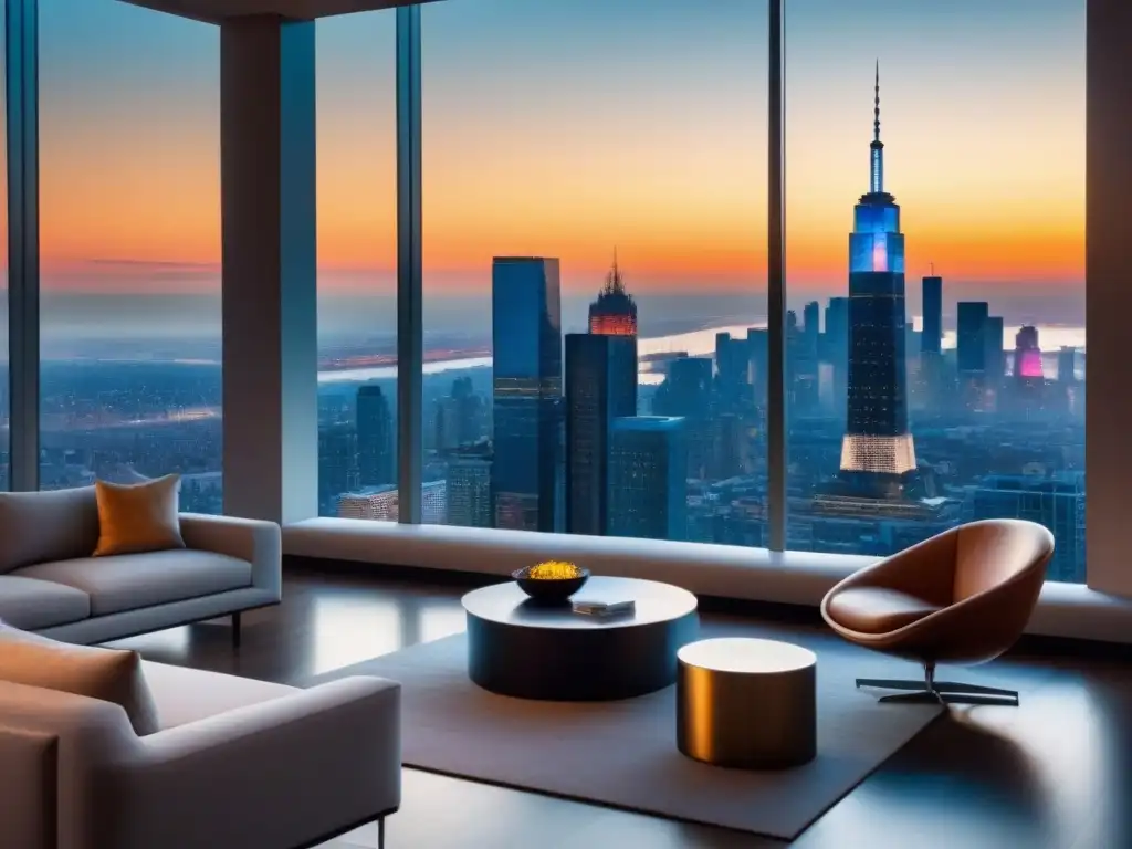 Penthouse moderno y lujoso con vista panorámica de la ciudad Un penthouse moderno y lujoso con vista a la ciudad, diseño elegante y minimalista