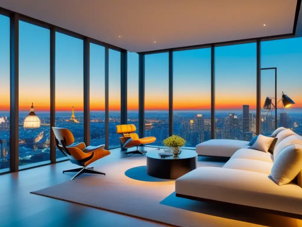 Penthouse de lujo con vistas urbanas al atardecer Un penthouse moderno y lujoso con vistas panorámicas a la ciudad al atardecer