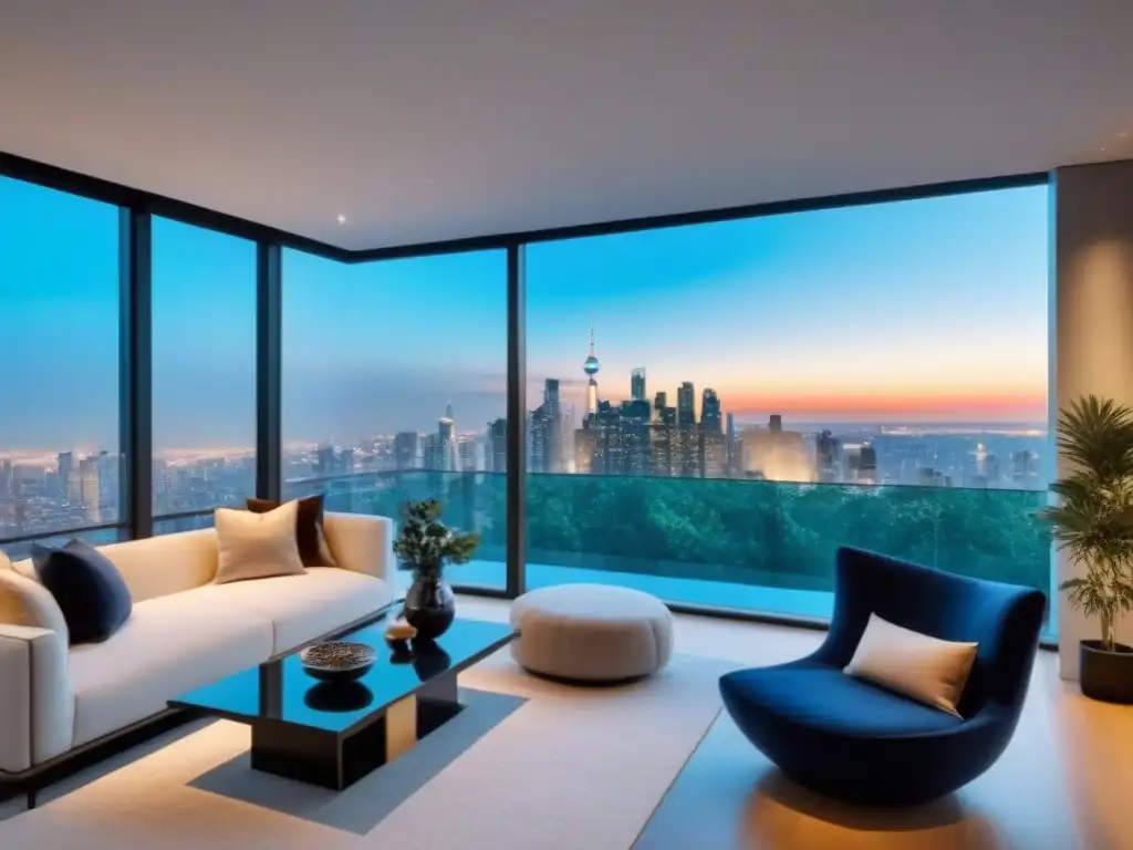 Penthouse de lujo: diseño moderno con vistas panorámicas Un penthouse moderno y lujoso con vistas a una ciudad bulliciosa y panorámicas de rascacielos y vegetación