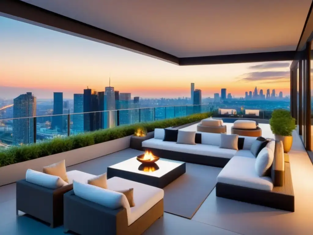 Penthouse de lujo con vista panorámica al atardecer Un penthouse moderno y lujoso con vistas a la ciudad al atardecer, decorado con estilo y elegancia