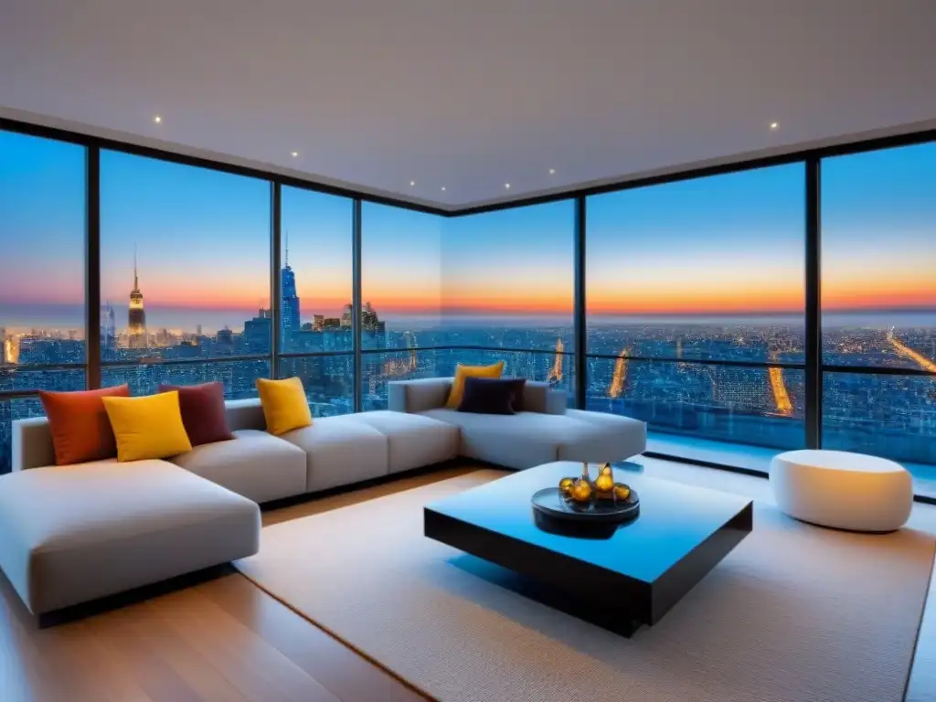 Penthouse de lujo con vista panorámica en la ciudad Un penthouse moderno y lujoso con vistas a la ciudad, diseño elegante y una amplia terraza al aire libre con panorámicas