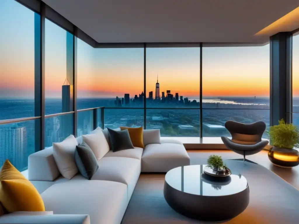 Penthouse de lujo: diseño moderno y vistas urbanas al atardecer Un penthouse moderno y lujoso con vistas a la ciudad al atardecer, diseño elegante y las mejores oportunidades de inversión inmobiliaria