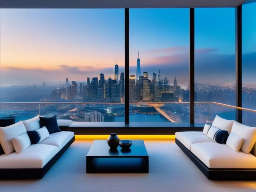 Penthouse moderno con AR integrado en la ciudad 'Penthouse moderno con Realidad Aumentada en mercado inmobiliario, decorado elegante y vistas urbanas