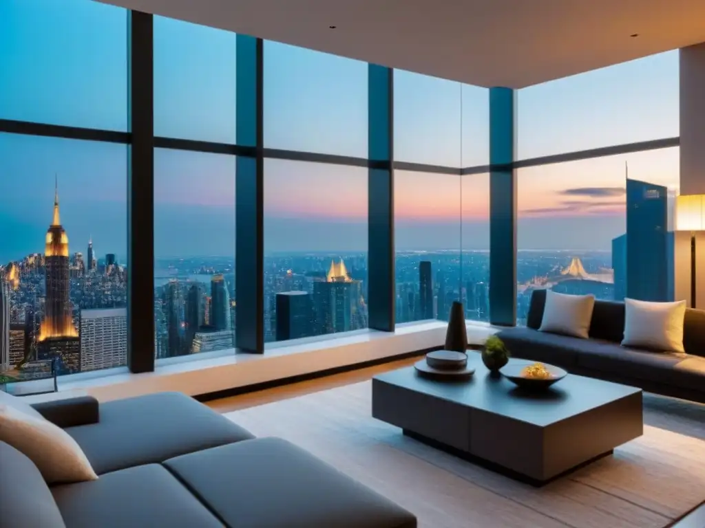 Penthouse de lujo con vista panorámica en la ciudad Un penthouse moderno con vista a la ciudad, elegante decoración contemporánea y ambiente de lujo para influencers en marketing inmobiliario