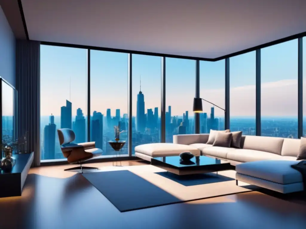 Penthouse de lujo con diseño moderno y tecnología AI integrada Un penthouse moderno con vista a la ciudad, diseño arquitectónico elegante y tecnología de Inteligencia Artificial en mercado inmobiliario