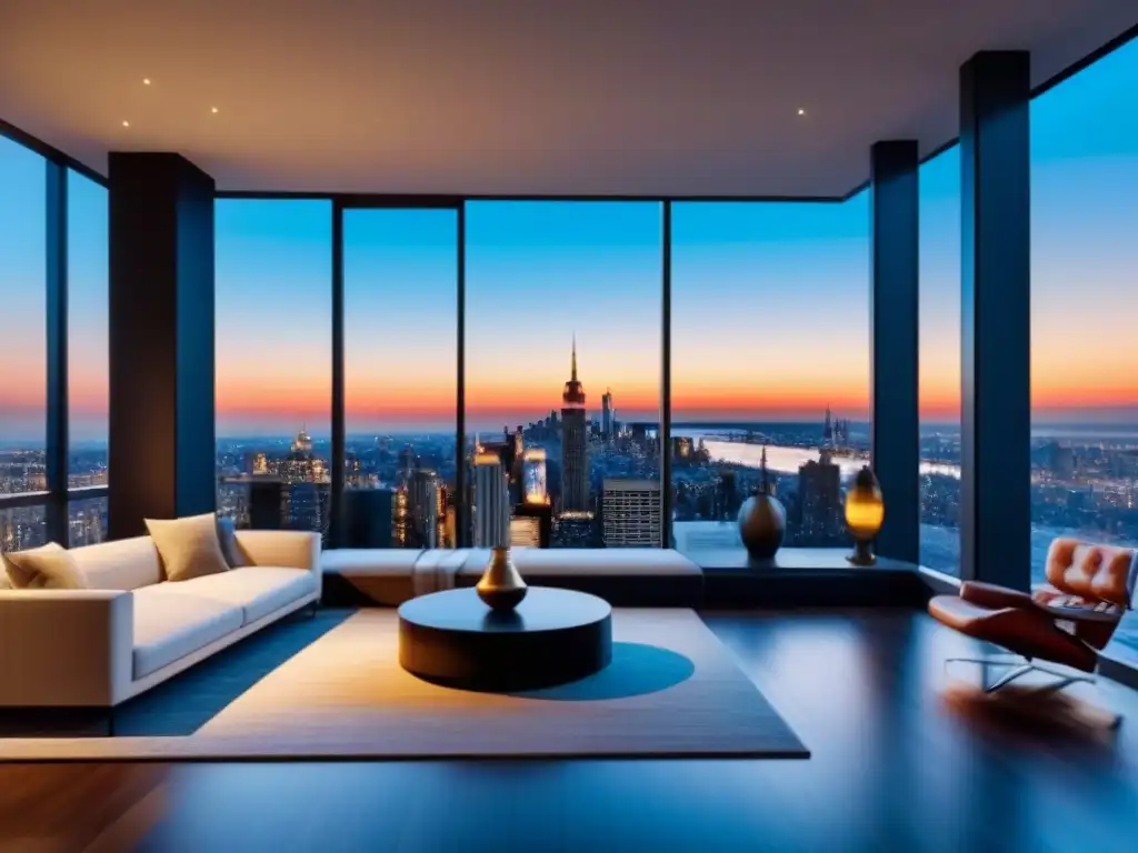 Penthouse moderno con vista urbana al atardecer Penthouse moderno con vista a la ciudad al atardecer, reflejando elegancia y éxito en inversión inmobiliaria post COVID internacional
