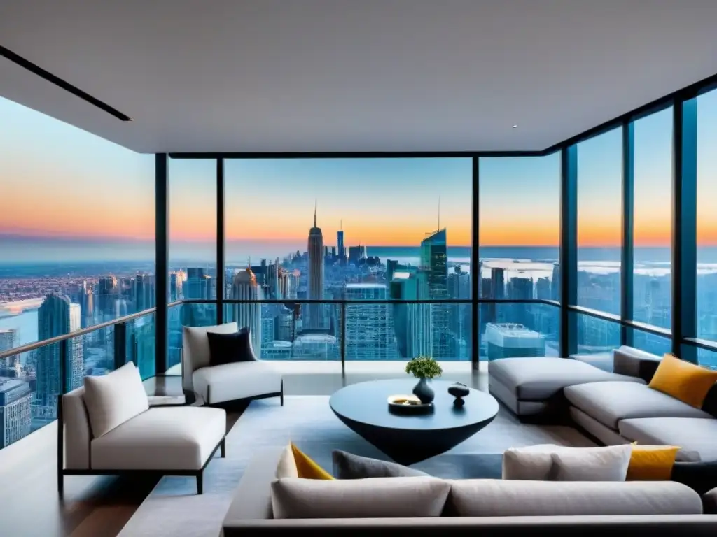 Penthouse moderno de lujo con vista a la ciudad Un penthouse moderno con vista a la ciudad, diseño elegante y colores vibrantes