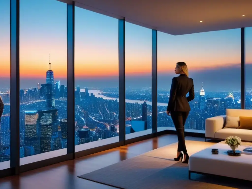 Penthouse de lujo en ciudad al atardecer Un penthouse moderno con vista a la ciudad al anochecer, reflejando sofisticación y oportunidades de inversión inmobiliaria internacional