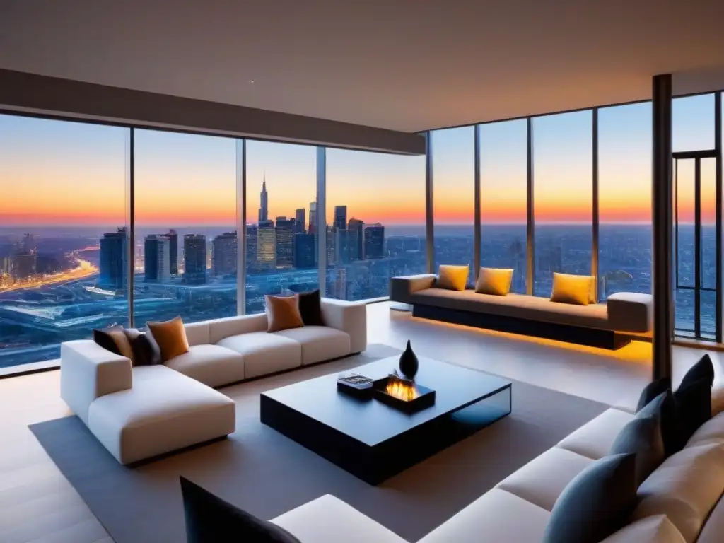 Penthouse de lujo con vista a la ciudad al atardecer Penthouse moderno con vista a la ciudad al atardecer, diseño elegante y tecnología avanzada integrada