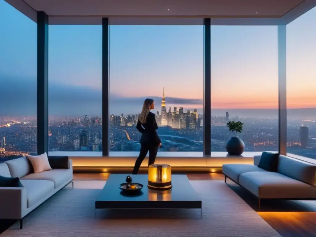 Penthouse de lujo con vista a la ciudad al atardecer Un penthouse moderno con vista a la ciudad al atardecer, elegante y aspiracional