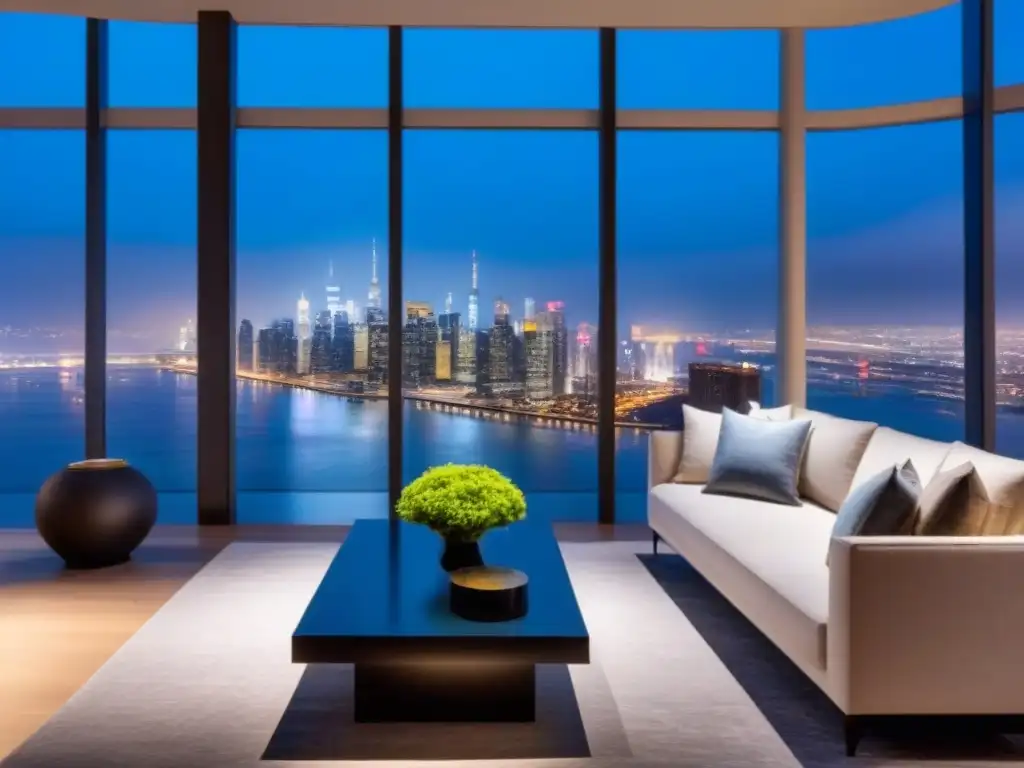 Penthouse de lujo con vista nocturna a la ciudad Penthouse moderno con vista nocturna de la ciudad, decoración elegante y ambiente acogedor