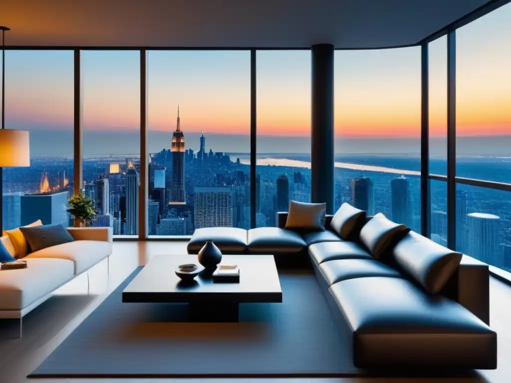 Penthouse moderno de lujo con vista panorámica a la ciudad Penthouse moderno con vista urbana, mobiliario elegante y diseño sofisticado para estrategias influencers mercado inmobiliario