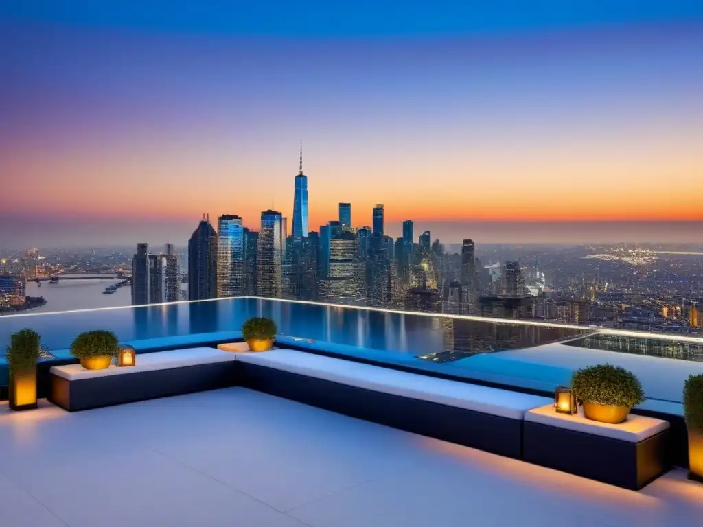 Penthouse de lujo con vistas panorámicas en ciudad internacional Penthouse moderno con vistas a la bulliciosa ciudad, elegante diseño interior y terraza con vistas panorámicas