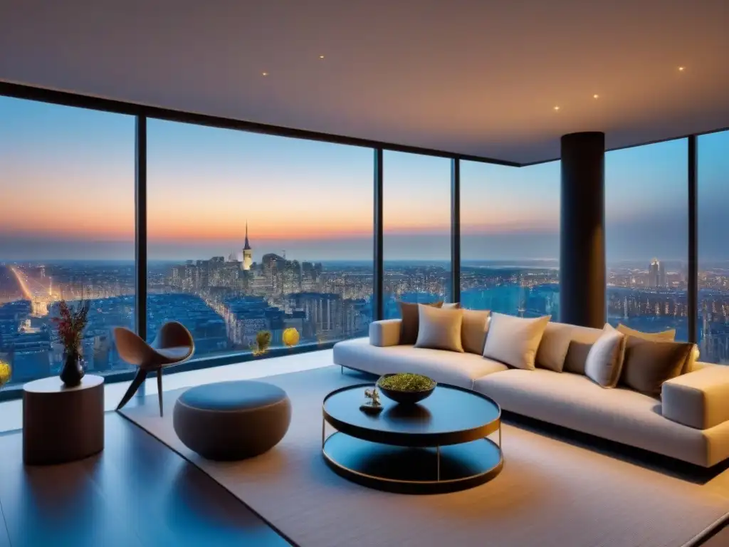 Penthouse de lujo con vistas panorámicas en metrópolis Un penthouse moderno con vistas panorámicas a la ciudad, diseño elegante y terraza espaciosa con muebles de exterior