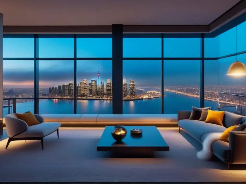 Exclusivo penthouse de lujo con vista panorámica nocturna en la ciudad Un penthouse de superlujo con vistas panorámicas de la ciudad de noche