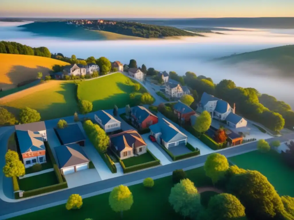 Renovación urbana: Ciudad en transformación entre colinas Transformación en pequeñas ciudades: Vista aérea detallada de una ciudad en transformación entre colinas, con propiedades diversas y vibrantes