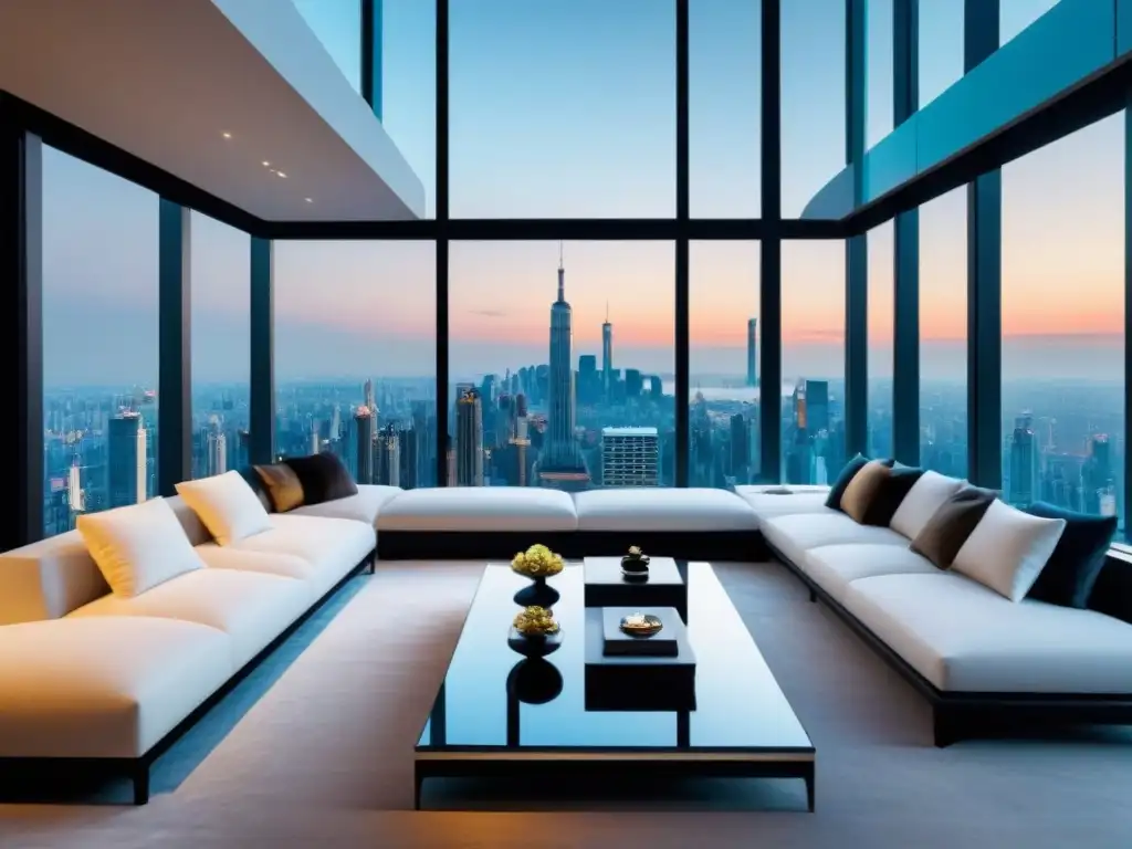Penthouse de lujo en ciudad asiática Perfil comprador propiedades lujo Asia: Penthouse moderno de lujo en una ciudad asiática, con decoración elegante y vistas panorámicas