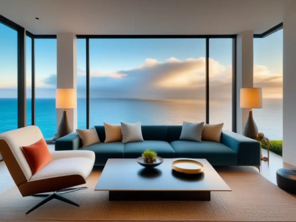 Salón vacacional moderno con vista al mar Perfil del huésped ideal: Sala de estar vacacional moderna y serena con vista al mar, arte contemporáneo y mantas acogedoras