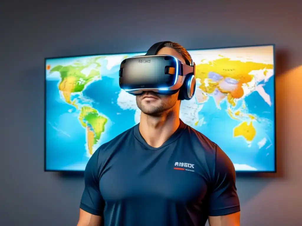 Realidad virtual: mapa interactivo de mercado inmobiliario global Persona usando auriculares de realidad virtual mostrando un mapa interactivo de mercados inmobiliarios globales con tecnología punta