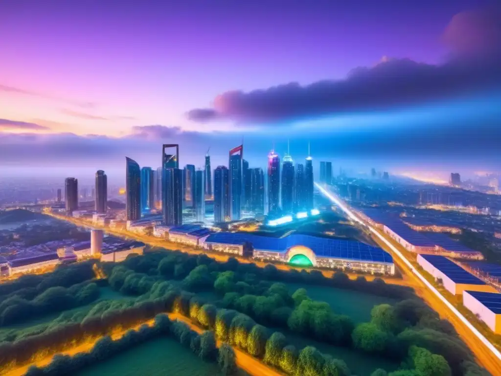 Horizonte urbano futurista: arquitectura innovadora y sostenible Perspectiva inversor futuro inmobiliario: Ciudad futurista al anochecer, con rascacielos iluminados por luces de neón y diseño sostenible