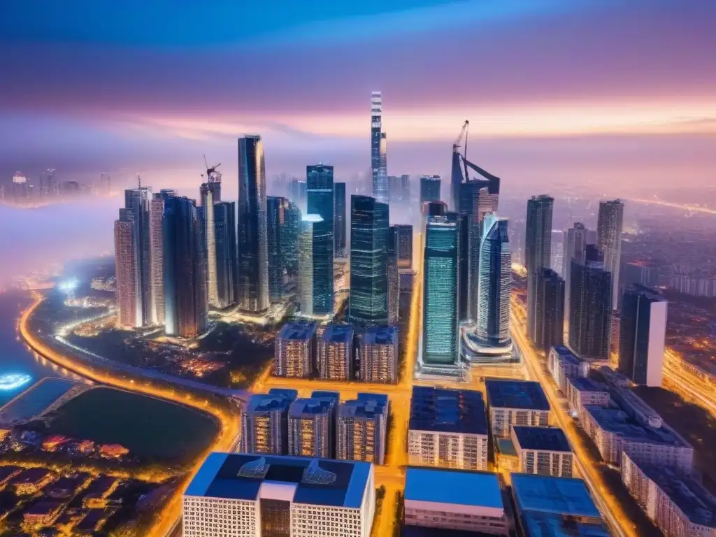 Escenario urbano moderno: Mercado inmobiliario internacional en crecimiento Perspectivas del mercado inmobiliario internacional: Una metrópolis vibrante con rascacielos modernos refleja dinamismo y crecimiento urbano