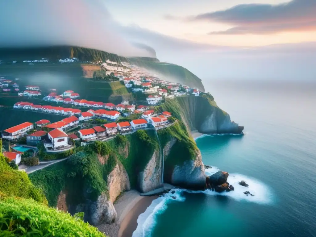 Encanto costero: ciudad en acantilado entre modernidad y tradición Pintoresco pueblo costero en acantilado, entre modernos edificios y casas tradicionales, rodeado de naturaleza y neblina matutina