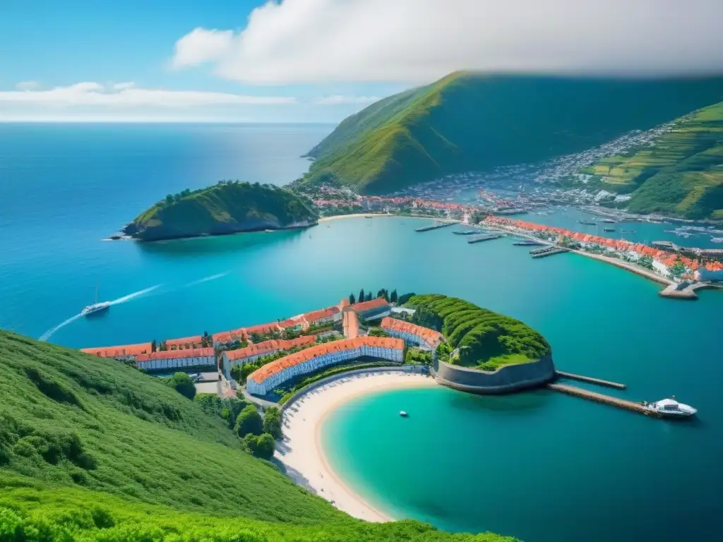 Pintoresco pueblo costero entre montañas verdes y mar cristalino Pintoresco pueblo costero con edificaciones tradicionales, seguro propiedad internacional zonas riesgo