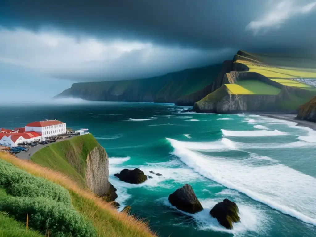 Resiliencia costera: pueblo entre acantilados ante la tormenta Pintura costera evoca resiliencia ante riesgos, con nubes tormentosas y arquitectura tradicional y moderna
