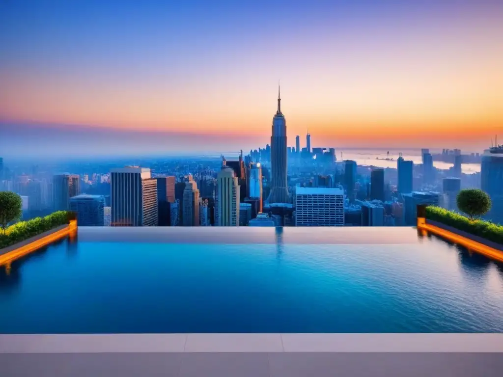 Piscina infinita de lujo con vista a la ciudad al atardecer Una piscina infinita de lujo con diseño moderno, borde transparente y vista a la ciudad al atardecer