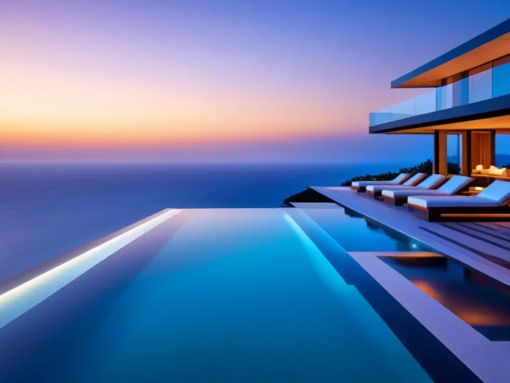 Arquitectura de lujo: piscina infinita al atardecer Piscina infinita de lujo integrada en paisaje costero al atardecer, reflejando el sol