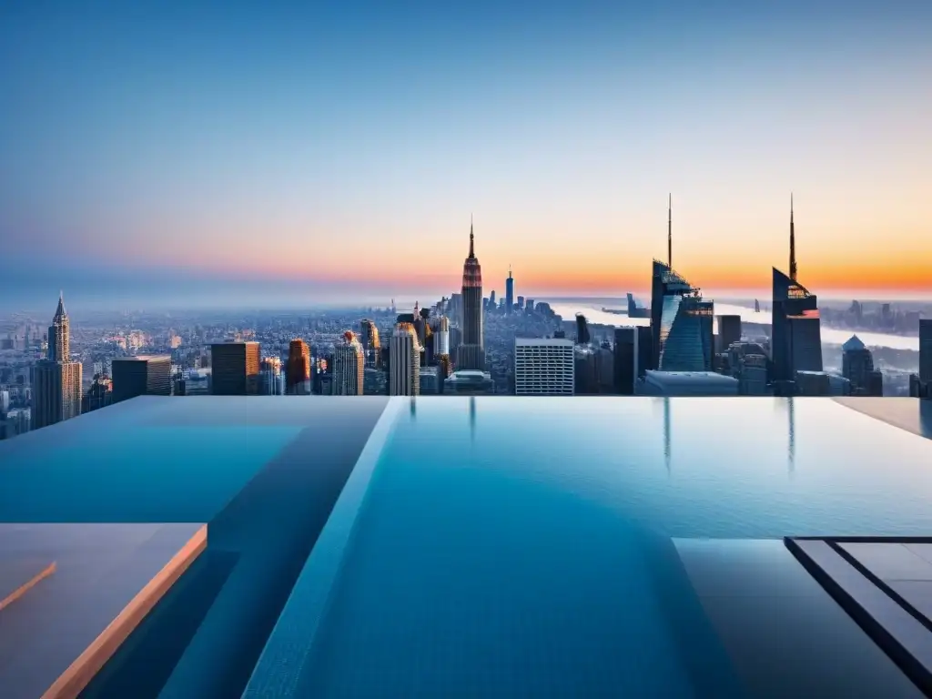 Exclusiva piscina infinita en la ciudad Piscina infinita de lujo con vista a la ciudad, arquitectura moderna y elegante