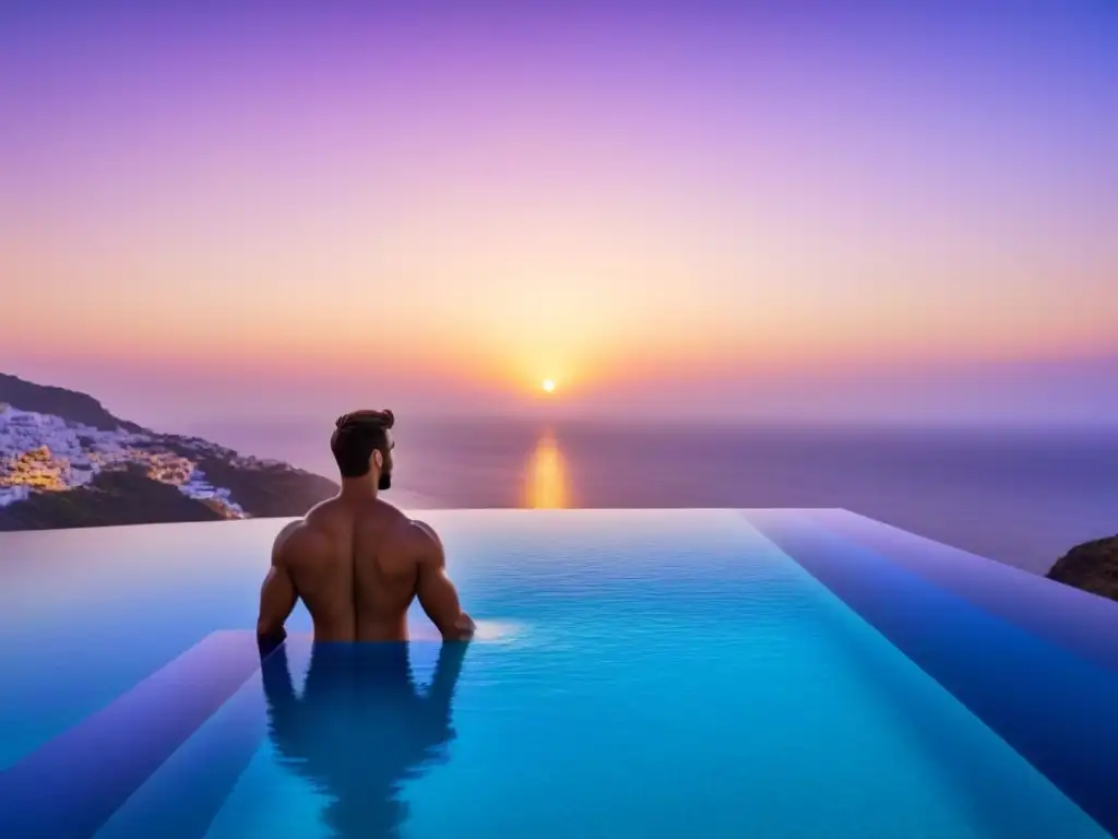 Piscina infinita de lujo con vista al mar Piscina infinita de lujo con vista al mar en atardecer, diseño arquitectónico moderno