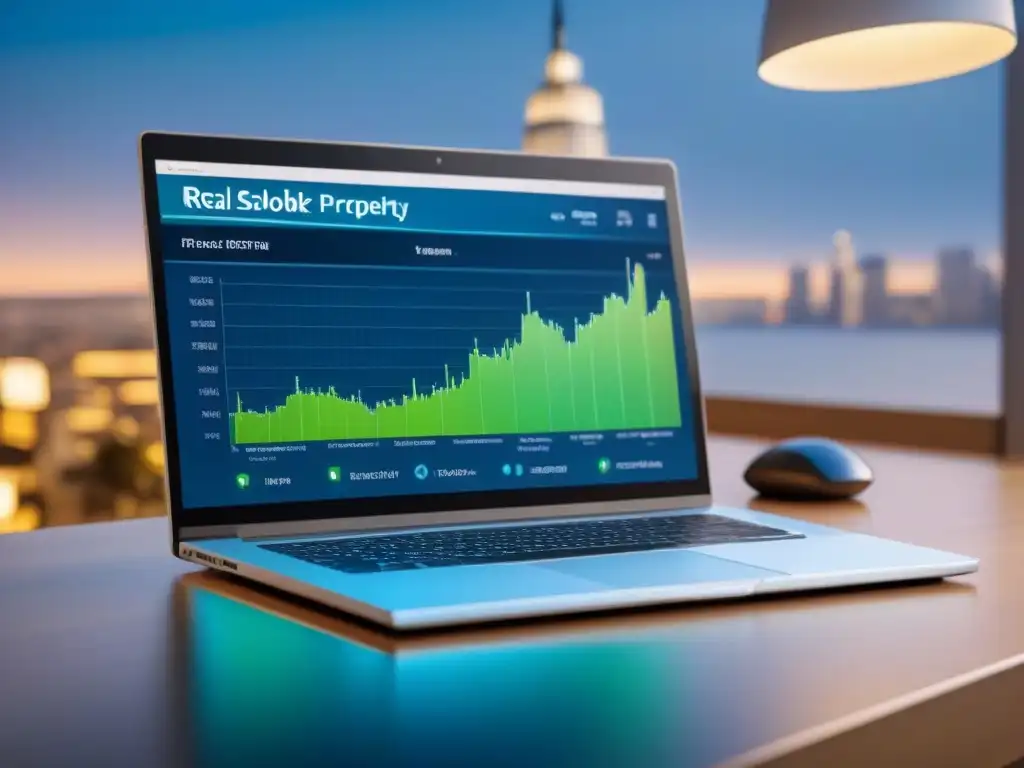 Plataforma digital futurista para inversión inmobiliaria internacional Una plataforma digital futurista para inversión inmobiliaria internacional, con herramientas digitales y diseño minimalista en tonos azules y verdes