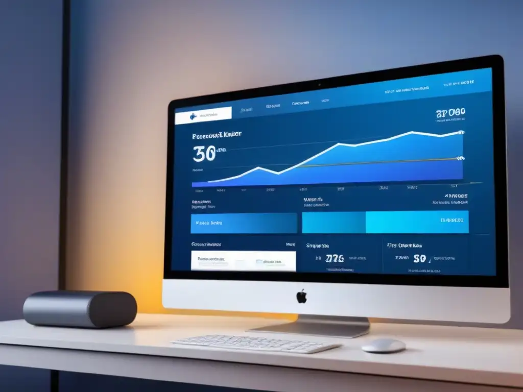 Plataforma digital futurista para marketing de afiliados inmobiliarios Una plataforma digital futurista para Marketing de afiliación en bienes raíces, con diseño elegante y gráficos detallados en tonos azules y metálicos