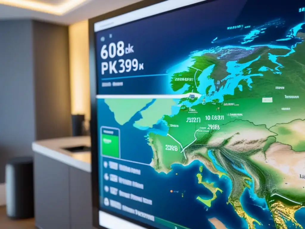 Plataforma digital futurista de inversión inmobiliaria global Una plataforma digital futurista muestra oportunidades de inversión inmobiliaria internacional con herramientas digitales sofisticadas