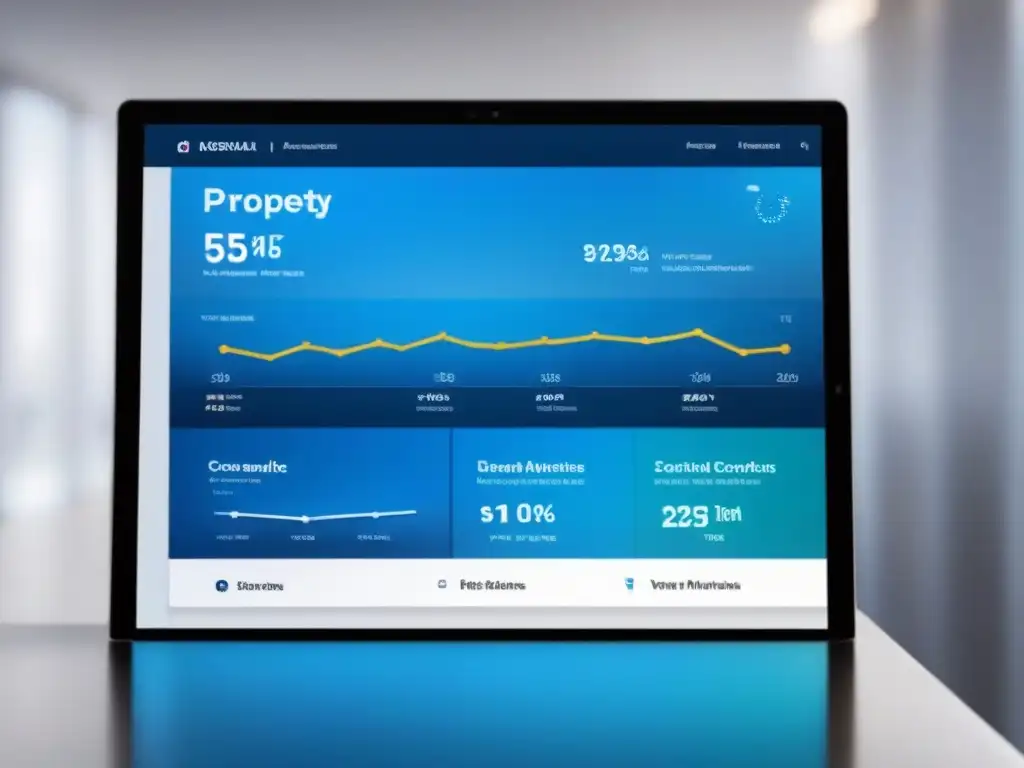 Plataforma de gestión inmobiliaria en la nube: interfaz moderna y eficiente Una plataforma de gestión inmobiliaria en la nube moderna y elegante con panel de control intuitivo y datos en tiempo real en tonos azules y blancos