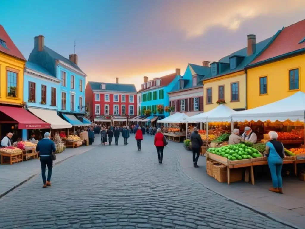 Encanto y vitalidad en plaza histórica de pueblo concurrido Plaza de pueblo histórica con edificios coloridos, cafés al aire libre y mercado animado, irradiando encanto comunitario