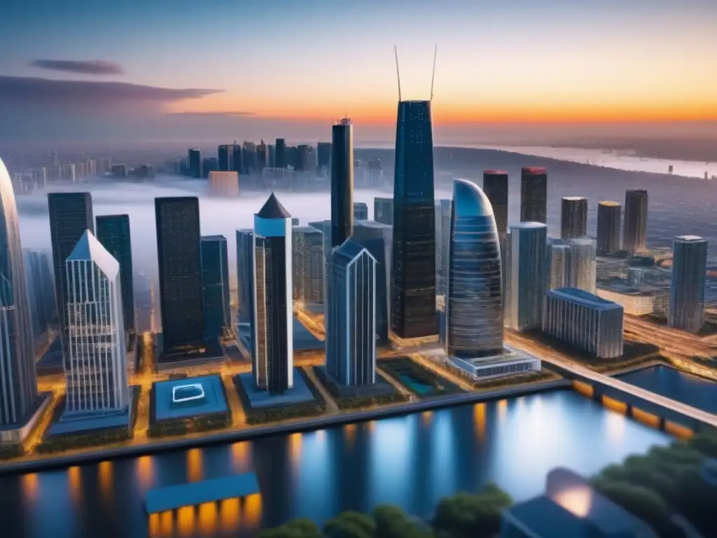 Portafolio inmobiliario diversificado en interfaz digital futurista Portafolio diverso de inversiones inmobiliarias en interfaz digital futurista