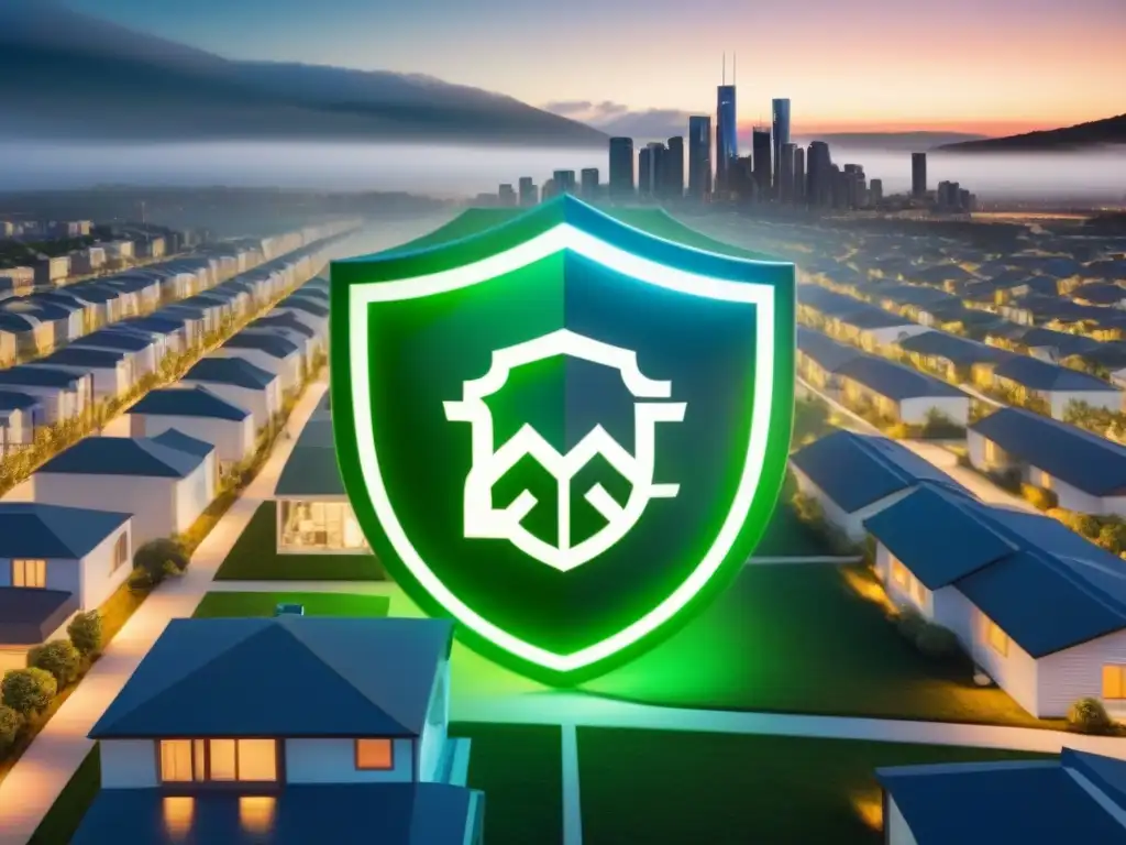 Portfolio inmobiliario diverso protegido: ilustración digital detallada Portafolio diverso de inversiones inmobiliarias protegidas con estrategias de seguridad