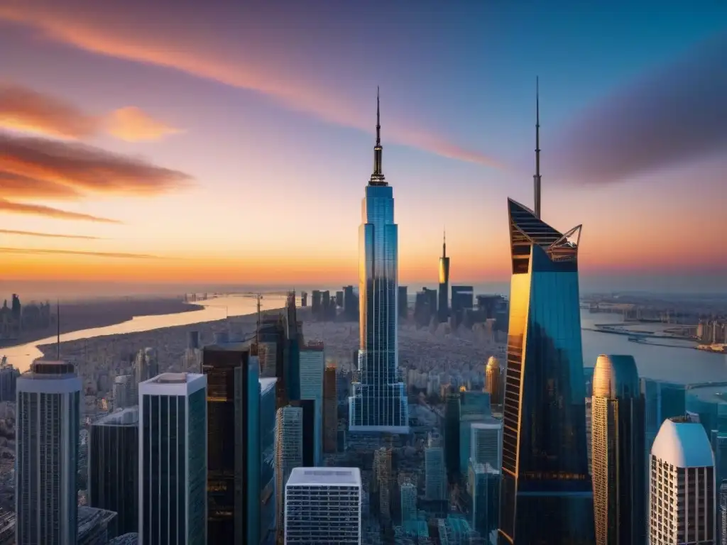 Portafolio Inmobiliario Global: Diversidad y Elegancia en 8k Portafolio inmobiliario diversificado internacionalmente con rascacielos emblemáticos al atardecer