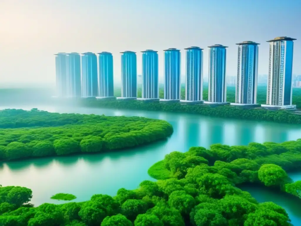 Deslumbrante desarrollo inmobiliario de lujo internacional Portafolio visual inmobiliario internacional: lujoso desarrollo inmobiliario con edificios modernos, naturaleza exuberante y agua reluciente