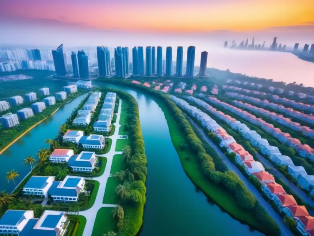 Horizonte global de propiedades inmobiliarias de lujo al atardecer Portafolio visual inmobiliario internacional: Ciudad moderna con propiedades de lujo bajo cielo vibrante al atardecer