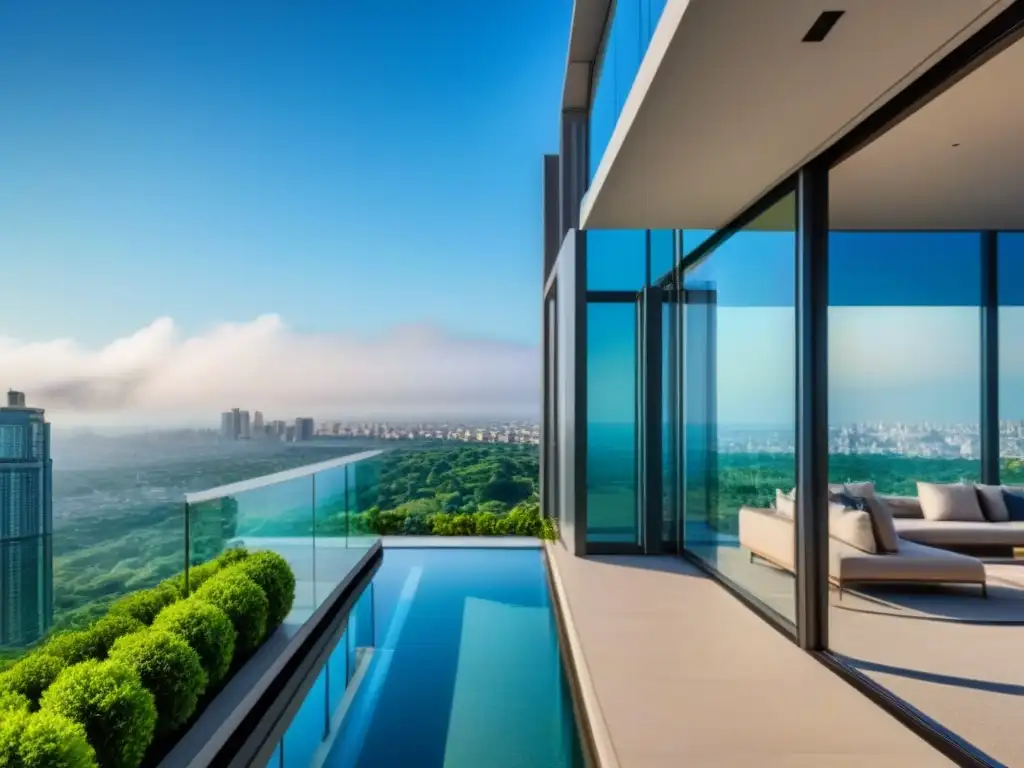 Edificio de lujo con fachada de vidrio en 8k Portafolio visual inmobiliario internacional: Edificio moderno con fachada de vidrio, terraza de lujo y entorno verde