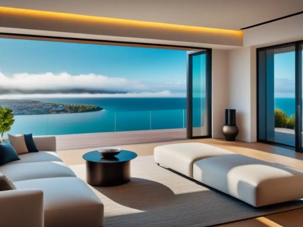 Portal de lujo para villas de waterfront: diseño moderno y elegante Portal inmobiliario de lujo global: villa frente al mar con diseño lujoso y vanguardista en pantalla digital elegante