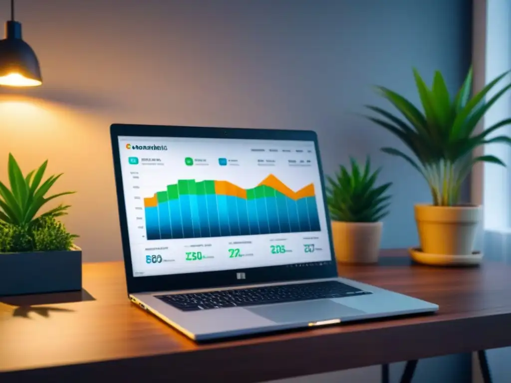 Análisis SEO de vacaciones: datos detallados en laptop moderna Un portátil moderno muestra un panel de SEO de alquileres vacacionales internacionales