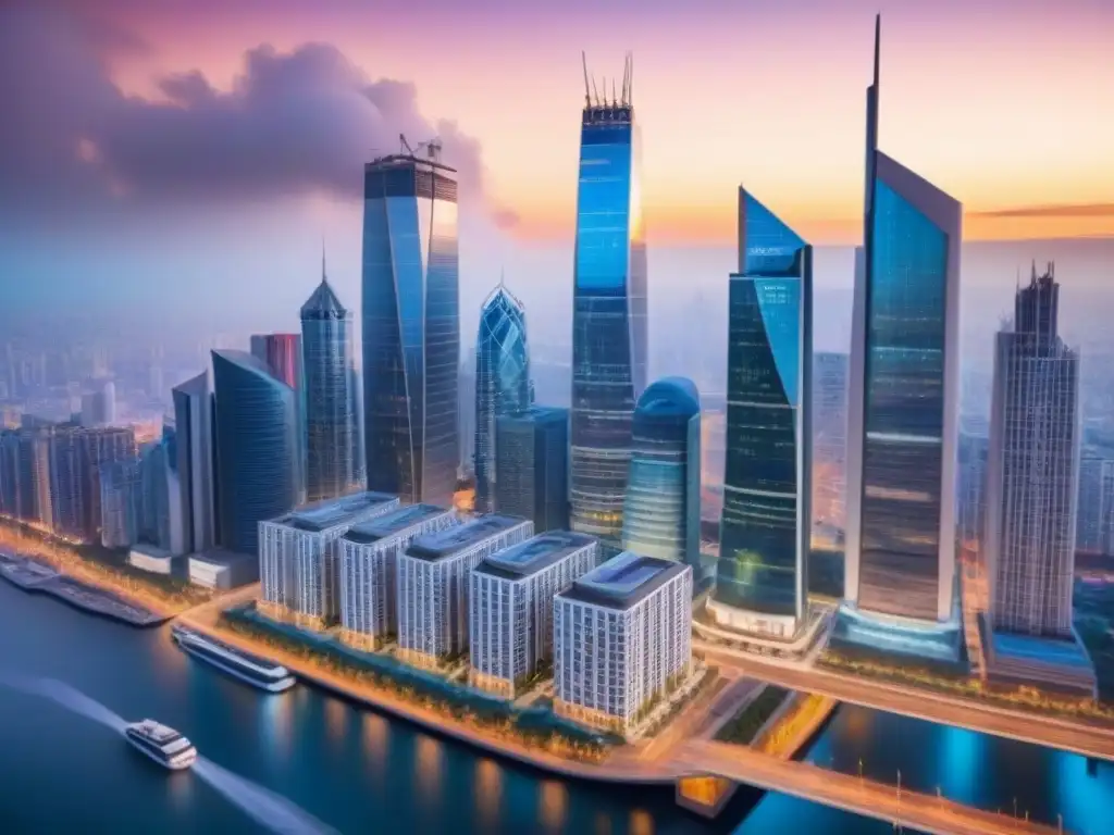 Mercado inmobiliario global: escena urbana vibrante Posicionamiento exitoso mercado inmobiliario internacional: Profesionales debatiendo en mercado inmobiliario global