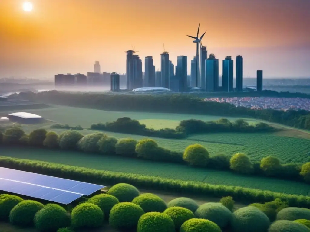Horizonte ecoamigable: armonía entre naturaleza y desarrollo urbano Recuperación postdesastre con prácticas ecológicas: Un horizonte urbano moderno entre naturaleza exuberante al atardecer